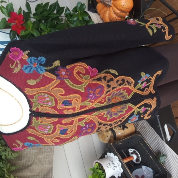COLDWATER CREEK ♡ Vintage Black Floral Embroidered Zip Cardigan Sweater S|M - Picture 9 of 13